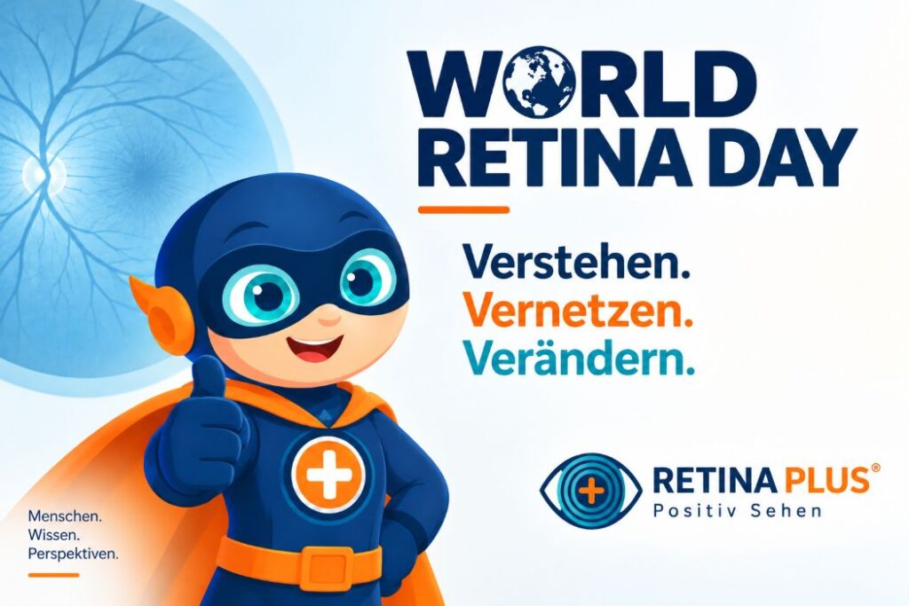 Grafik zum World Retina Day: Links steht der lächelnde Retinator, der virtuelle Mitarbeiter von Retina plus, im blau-orangen Superhelden-Outfit vor einer stilisierten Netzhaut und zeigt den Daumen nach oben. Rechts steht „World Retina Day“ mit dem Motto „Verstehen. Vernetzen. Verändern.“ Darunter befindet sich das Logo von Retina plus mit dem Motto „Positiv Sehen“.
