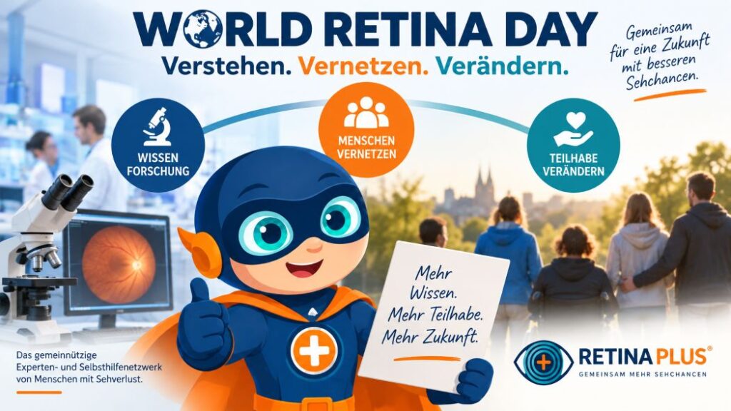 Illustration zum World Retina Day: Der Retinator, der virtuelle Mitarbeiter von Retina plus, steht im Mittelpunkt. Links symbolisieren ein Mikroskop und eine Netzhautaufnahme Wissen und Forschung, rechts eine Gruppe von Menschen Vernetzung und Teilhabe. Darüber steht das Motto „Verstehen. Vernetzen. Verändern.“ Der Retinator hält ein Schild mit der Aufschrift „Mehr Wissen. Mehr Teilhabe. Mehr Zukunft.“ Unten ist das Logo von Retina plus zu sehen.
